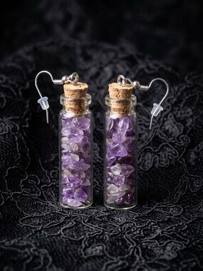 Handmade Amethyst Crystal Chip Glass Bottle Earrings